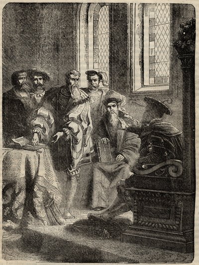 Enrique VIII y su Consejo ordenando la traducción de la Biblia al inglés - 1538 - grabado de “Historia de Inglaterra” por Cassell Petter & Galpin de English School