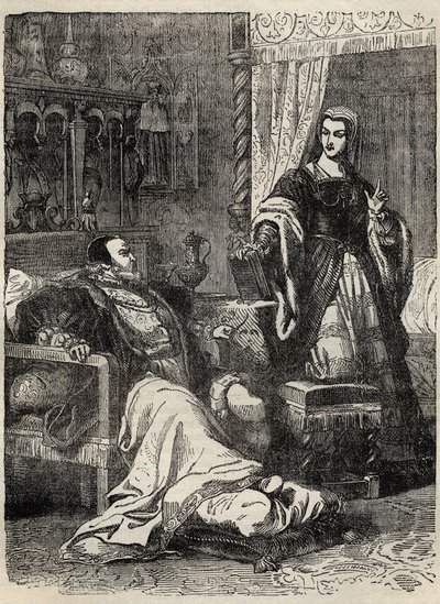 Enrique VIII y la Reina Catalina Parr (1512-1548) - grabado de “Historia de Inglaterra” de Cassell Petter & Galpin de English School