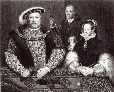 Enrique VIII, su hija la Reina María y Will Somers, después de una pintura al óleo del siglo XVI, pintado póstumamente, 1821 de English School