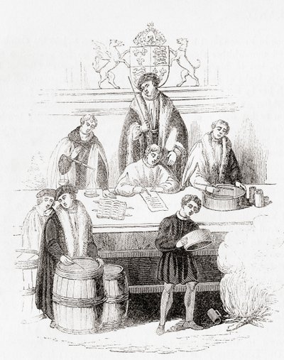 El juicio de Enrique VII sobre los pesos y medidas en el erario público en 1497, de Old England: A Pictorial Museum, pub. 1847 de English School