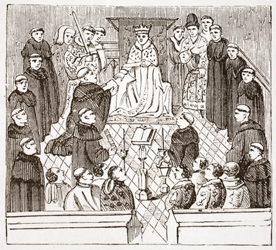 Enrique V y su parlamento (del Harleian MMS en el Museo Británico), ilustración de La Historia del Protestantismo de James Aitken Wylie, pub. 1878 de English School