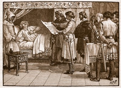 Enrique recibiendo la noticia de la traición de Juan, ilustración de Cassells Illustrated History of England de English School