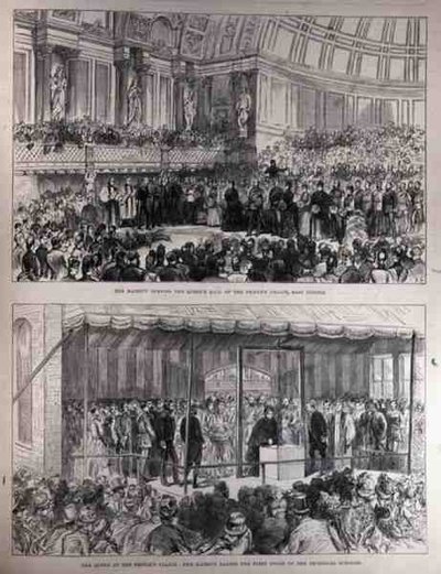 Su Majestad Inaugurando el Queens Hall del Peoples Palace y Colocando la Primera Piedra de las Escuelas Técnicas de English School
