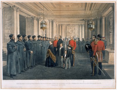 Su Majestad la Reina Victoria (1819-1901) y S.A.R. el Príncipe Alberto (1819-61) inspeccionando a los soldados heridos de la Guardia de Granaderos en el Palacio de Buckingham, 1855 de English School