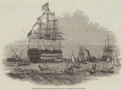 Su Majestad embarcando en el "Albion" en Spithead (grabado) de English School