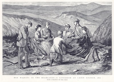 Su Majestad en las Tierras Altas - Un almuerzo en Cairn Lochan, 1861 de English School