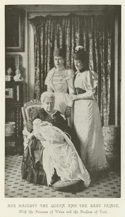Su Majestad la Reina y el Príncipe Bebé, con la Princesa de Gales y la Duquesa de York de English School