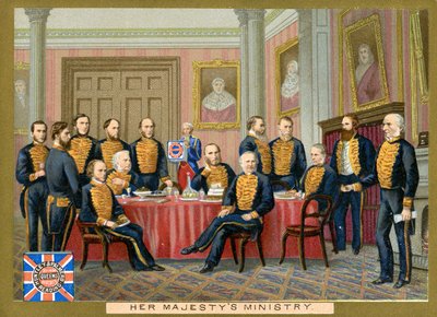 El Ministerio de Su Majestad, tarjeta promocional para las galletas Huntley & Palmers, c.1890 de English School
