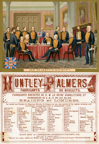 El Ministerio de Su Majestad, anverso y reverso de una tarjeta promocional para las galletas Huntley & Palmers, producida para el mercado francés c.1890 de English School