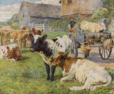 Rebaño de vacas y un ternero en un carro tirado por caballos (litografía en color) de English School