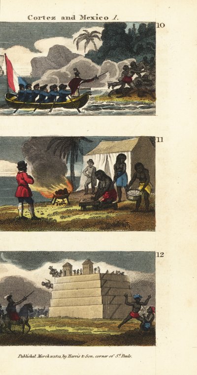 Hernán Cortés desembarcando en Tabasco, México, presentado con 20 mujeres incluyendo a Marina por los mayas, y destruyendo un templo y ídolos mayas de English School