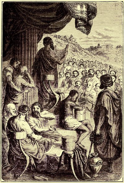 Herodoto leyendo su Historia en un festival público, ilustración de The Illustrated History of the World, publicado c.1880 de English School