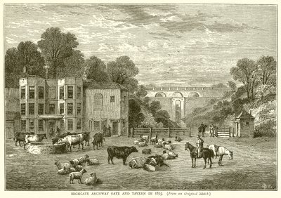 Puerta y Taberna del Arco de Highgate en 1825 de English School