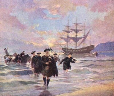 Colonos de las Highlands llegando a Pictou, Nueva Escocia, desde el "Hector", 1773 (litografía en color) de English School