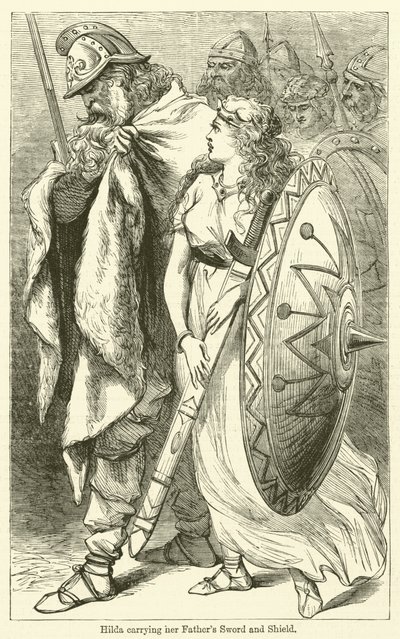 Hilda lleva la espada y el escudo de su padre (grabado) de English School