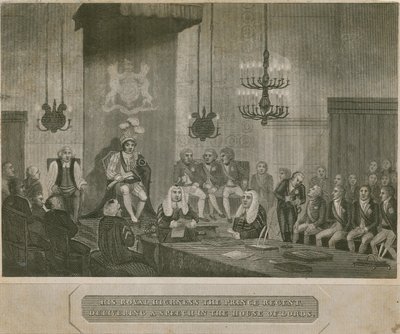 Su Alteza Real el Príncipe Regente dando un discurso en la Cámara de los Lores de English School