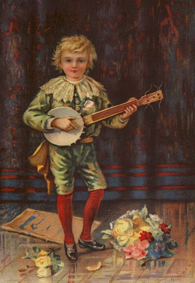 Su primera aparición - niño tocando el banjo (litografía en color) de English School