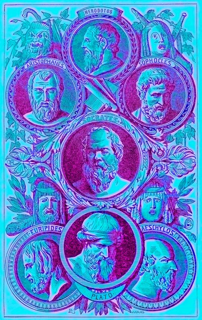 Historiadores, Filósofos y Dramaturgos de la Antigua Grecia, ilustración de The Illustrated History of the World, publicado c.1880 de English School