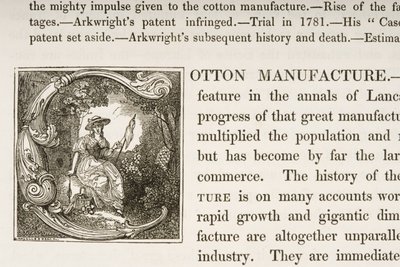 Inicial Historiada C, de un libro sobre la Manufactura de Algodón Británica de English School