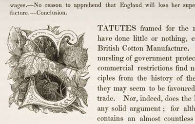 Inicial historiada S, de un libro sobre la manufactura de algodón británica de English School