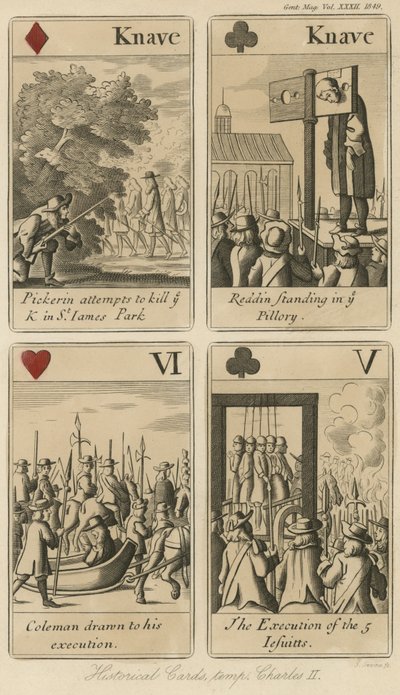Cartas de juego históricas que relatan la historia del Rey Carlos II de English School