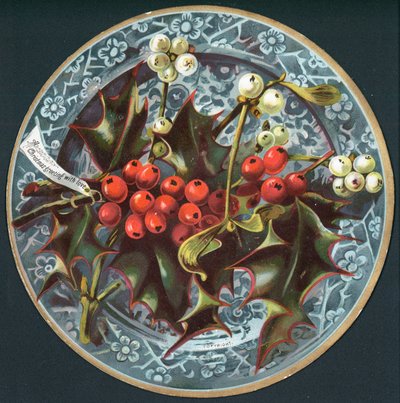 Acebo y muérdago en un plato, tarjeta de Navidad de English School