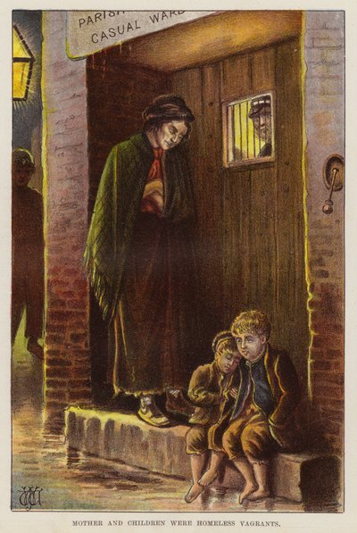 Madre e hijos sin hogar en la Gran Bretaña victoriana (chromolitho) de English School