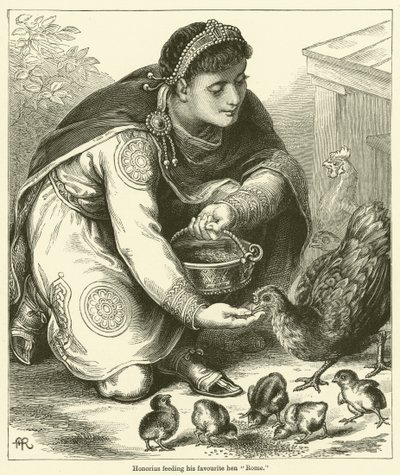 Honorio dando de comer a su gallina favorita "Roma" (grabado) de English School