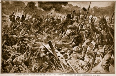 Territoriales británicos encapuchados cargando contra las trincheras alemanas en Loos, 25 de septiembre de 1915, 1914-19 de English School