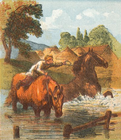 Caballos bebiendo en un estanque de English School