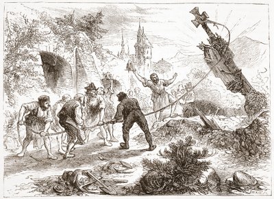Hottinger destruyendo la imagen, ilustración de La Historia del Protestantismo de James Aitken Wylie, pub. 1878 de English School