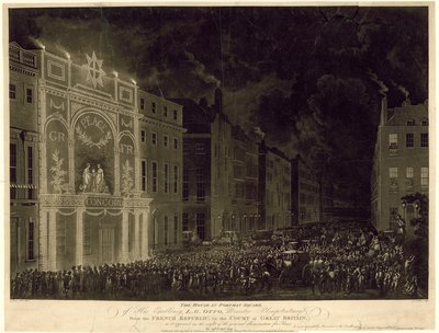 Casa en Portman Square del Embajador Francés, iluminada para celebrar la Paz, 29 de abril de 1802 de English School