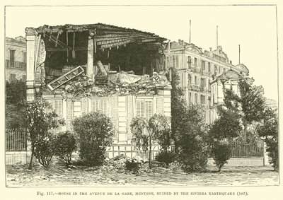 Casa en la Avenida de la Gare, Mentone, arruinada por el terremoto de la Riviera, 1887 de English School