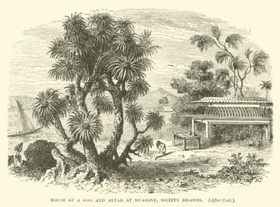 Casa de un dios y altar en Huahine, Islas de la Sociedad, después de Cook de English School