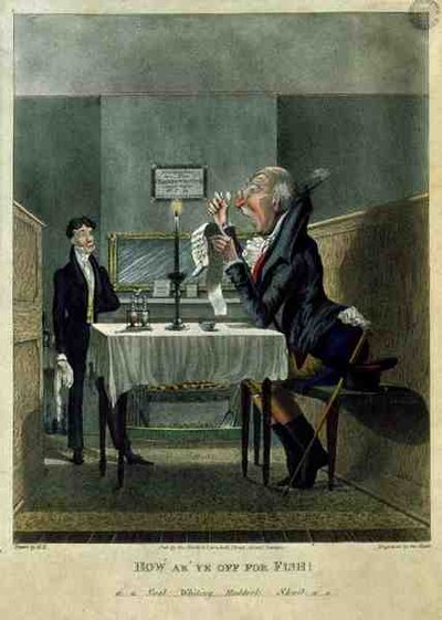 "¿Cómo estás de pescado?", grabado por George Hunt, c.1825-30 de English School
