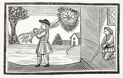 Cómo se conoció la gran fuerza de Tom Hickathrift, ilustración de Chap-books del Siglo XVIII de John Ashton, pub. 1882 de English School