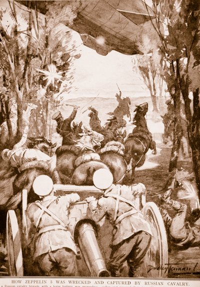 Cómo el Zeppelin 5 fue destruido y capturado por la caballería rusa, 1914-19 de English School