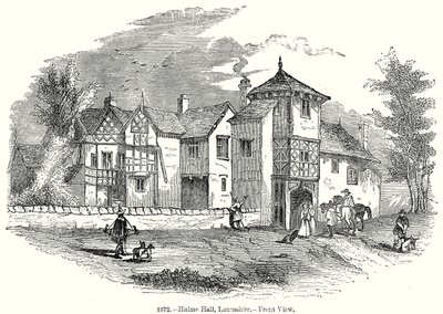 Hulme Hall, Laneashire. - Vista frontal (grabado) de English School