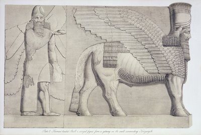 Toro con cabeza humana y figura alada de una puerta en la muralla que rodea Koujunjik, lámina 3 de Nínive y sus Restos de Austen Henry Layard, publicado en 1849 de English School