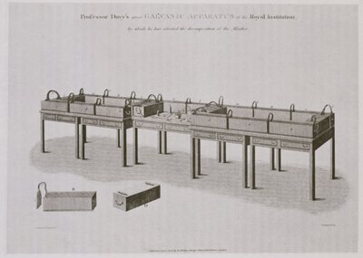 Aparato galvánico de Humphry Davy (1778-1829) en la Royal Institution, publicado en 1808 de English School
