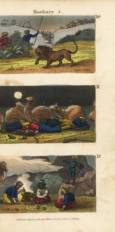 Cazando leones en los Estados Bárbaros, camellos y conductores durmiendo en el desierto, y árabes invitando a viajeros a cenar de English School