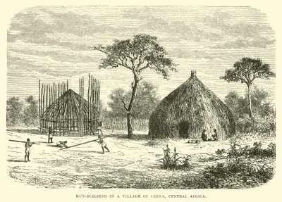 Construcción de chozas en un pueblo de Uhiya, África Central de English School
