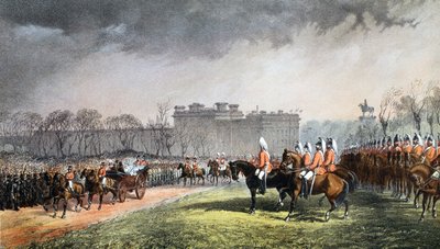 Hyde Park - La Princesa pasando las líneas de los voluntarios, 7 de marzo de 1863, de A Memorial of the Marriage of Edward VII and Alexandra of Denmark, pub. 1864 de English School