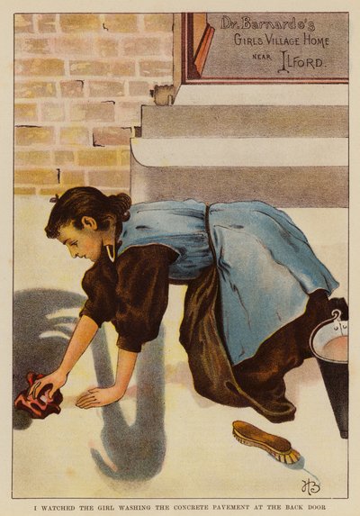 Vi a la chica lavando el pavimento de hormigón en la puerta trasera (litografía en color) de English School