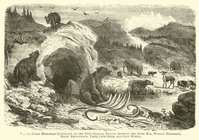 Paisaje europeo ideal del período post-glacial, mostrando el alce irlandés, elefante lanudo, rinoceronte peludo, uro, oso de las cavernas y hiena de las cavernas de English School