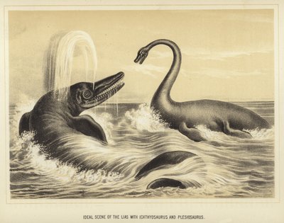 Escena ideal del Lias con ictiosaurio y plesiosaurio de English School