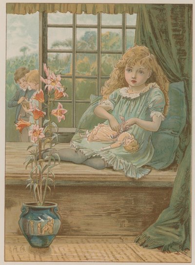 Ilustración que muestra a una niña sentada en un asiento de ventana de English School
