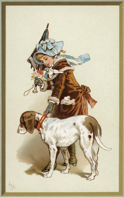 Ilustración de una niña paseando un perro de English School