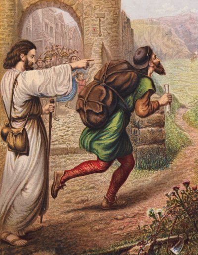 Ilustración de El progreso del peregrino de John Bunyan (litografía en color) de English School