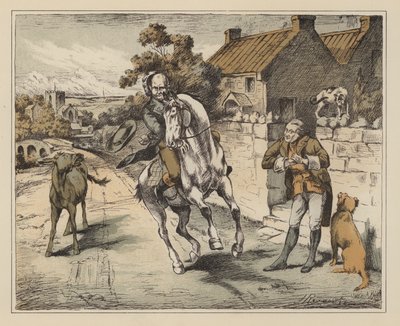 Ilustración para The Diverting History of John Gilpin de William Cowper (litografía en color) de English School